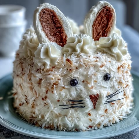 Sparkle Easter Bunny cake decorated with pink coconut ears, marshmallow cheeks, and gold sprinkles for a magical holiday centerpiece.  
