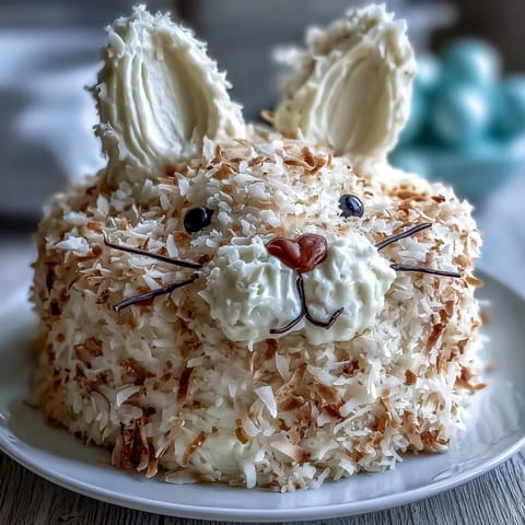Whimsical Easter Bunny cake with shimmering gold sprinkles, fluffy vanilla buttercream, and coconut fur on a festive platter.  