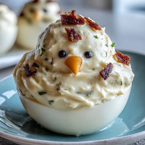 Adorable deviled egg chicks decorated with carrot beaks and black peppercorn eyes, perfect for Easter brunch.