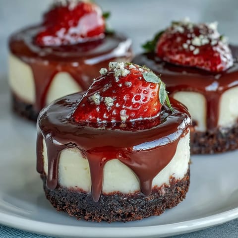 Decadent mini cheesecake cups with chocolate biscuit base, creamy filling, and fresh strawberry topping, garnished with pistachios and edible gold leaf.