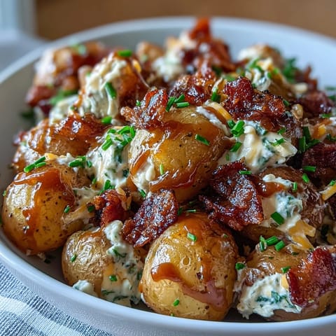 Roasted baby potatoes tossed in BBQ sauce dressing with bacon, cheddar, scallions, and herbs for a hearty side dish.  