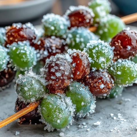 Frozen grape skewers coated in zesty lime sugar, perfect for a refreshing summer snack.  
