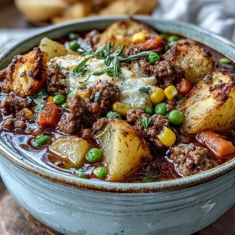 Hearty Shepherds Pie Soup with ground beef, veggies, and potatoes in a savory broth—perfect for a cozy dinner.  