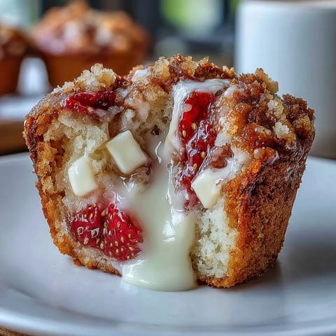 Warm strawberry muffins loaded with creamy white chocolate chips, ideal for a delightful breakfast or afternoon treat.