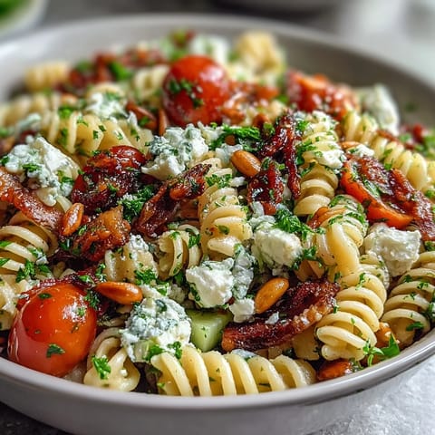 Fresh lemon vinaigrette pasta salad with cucumbers and cherry tomatoes, bursting with zesty flavor and crisp vegetables.  