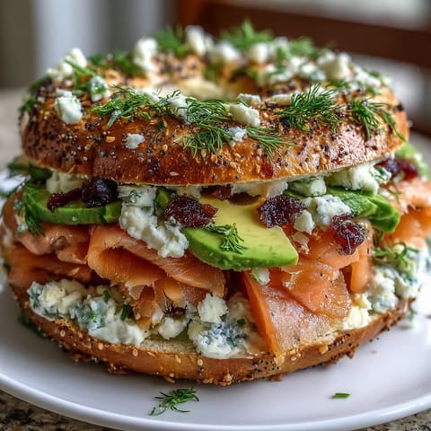 Vibrant spring brunch board with smoked salmon, assorted bagels, and creamy herb cream cheese, garnished with fresh dill and lemon slices.