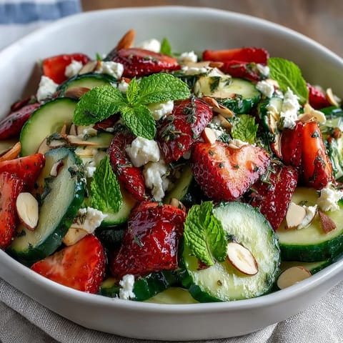 Fresh cucumber and strawberry salad with mint, tossed in a light lemon-honey dressing for a bright, spring-inspired side dish.