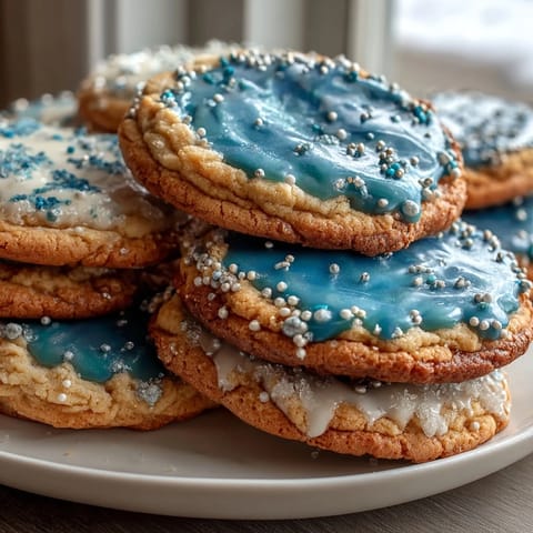 Pure Vanilla Cookie Run Kingdom sugar cookies decorated with royal icing in blue and gold, inspired by the popular game character.