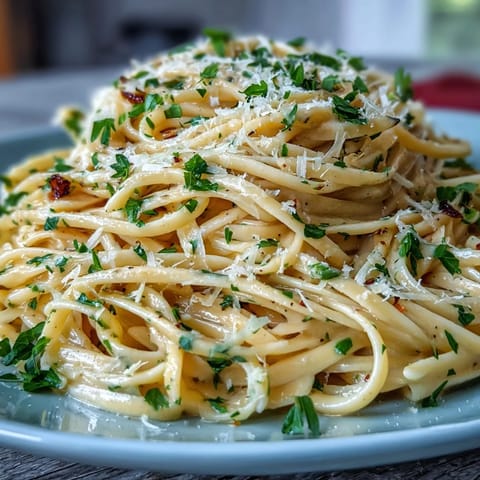 Bright, zesty lemon-butter pasta with vibrant green peas, Parmesan shavings, and a sprinkle of chopped parsley for a fresh finish.