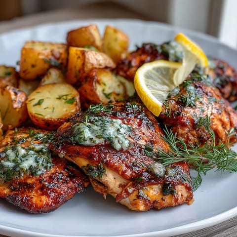 Golden roasted chicken with fresh lemon and herbs, surrounded by crispy baby potatoes for a spring dinner feast.