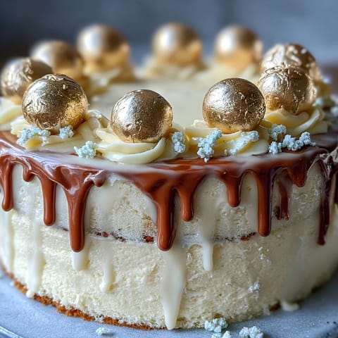 A stunning graduation cake with white chocolate drip and edible gold balloon decorations.