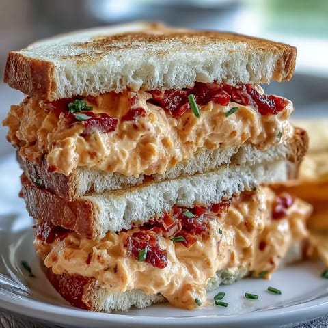 Creamy pimento cheese finger sandwiches with sharp cheddar and diced peppers, arranged on a white platter for Derby parties.