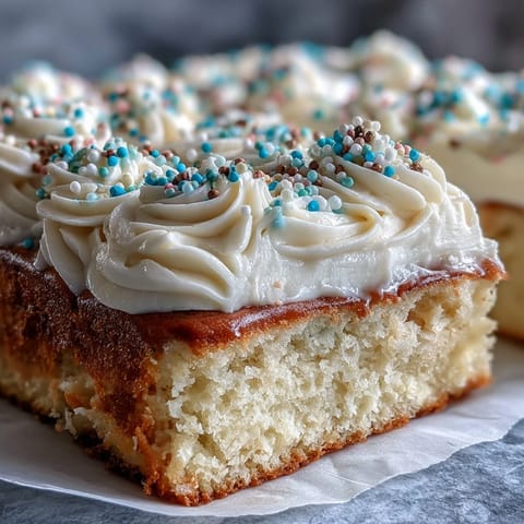 Fluffy vanilla sheet cake with creamy buttercream, decorated for graduation celebrations with festive sprinkles.