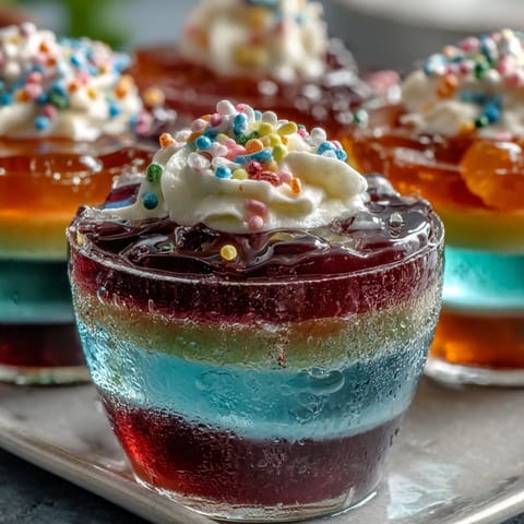 Rainbow Jello Cups for Kids: Vibrant, layered fruity gelatin in clear cups, topped with fluffy whipped cream and rainbow sprinkles.