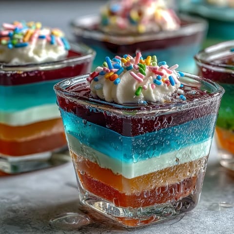 Colorful Rainbow Jello Cups for Kids: Bright, fruity gelatin layers in red, orange, yellow, green, blue, and purple, served chilled with whipped topping.