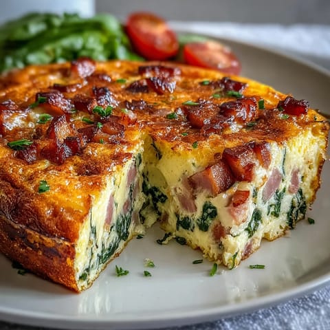 Fluffy baked frittata loaded with diced ham, melted Swiss cheese, and fresh spinach, perfect for brunch or dinner.  