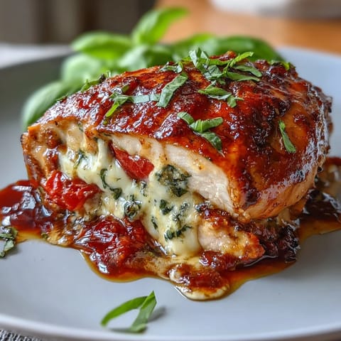 Caprese Stuffed Chicken Breast with melted mozzarella and fresh basil, baked until golden and juicy for a flavorful Italian-inspired dinner.  