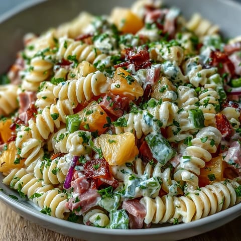 Creamy Hawaiian pasta salad featuring diced ham, sweet pineapple, and crisp vegetables tossed in ranch dressing.  