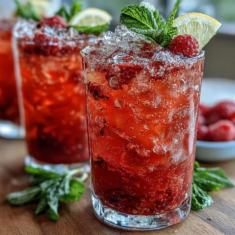 Raspberry Lemon Spritz Mocktail with fresh raspberries, zesty lemon, and sparkling water, garnished with mint and lemon slices.