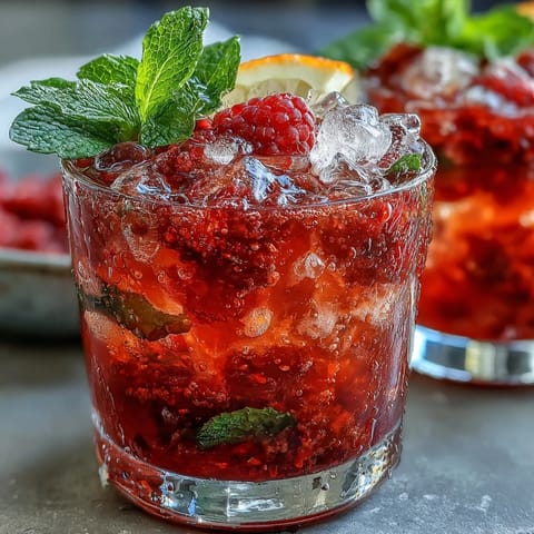 A vibrant Raspberry Lemon Spritz Mocktail featuring muddled berries, citrus juice, and bubbles, perfect for summer refreshment.