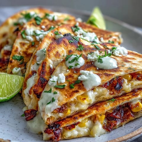 Crispy Cinco de Mayo Street Corn Quesadillas with melted cheese and roasted corn, served with smoky chipotle crema for dipping.  