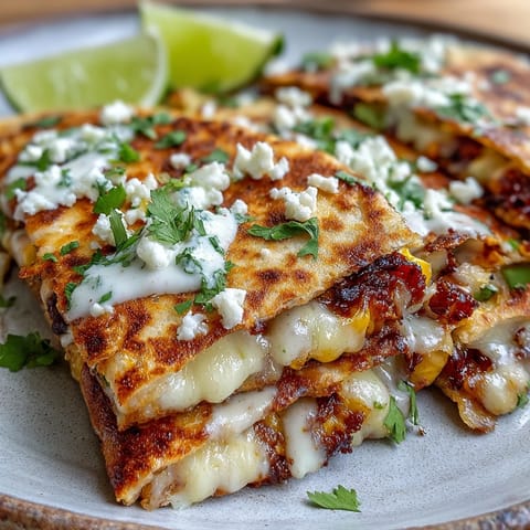 Golden-brown quesadillas filled with charred corn, jalapeño, and Cotija cheese, drizzled with tangy chipotle sour cream.  