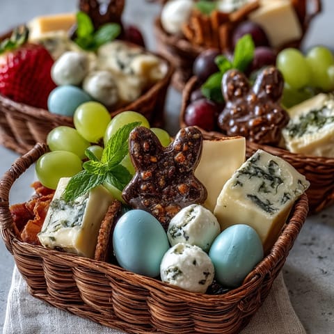 Festive mini Easter basket charcuterie board with colorful cheeses, cured meats, and fresh fruits arranged in small bowls.