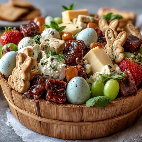 Spring-inspired charcuterie board featuring pastel chocolate eggs, bunny cookies, and herb garnishes for a seasonal celebration.