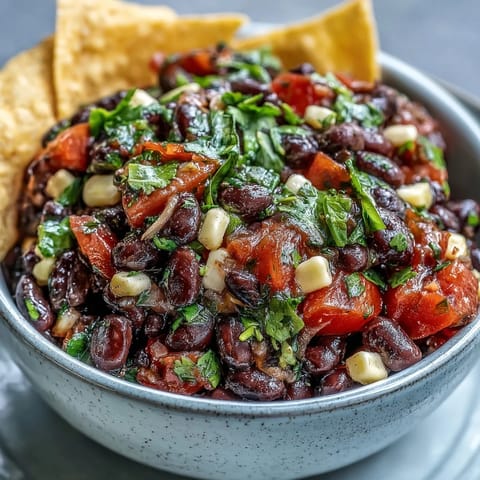 Fresh 3-ingredient cowboy caviar dip with black beans, corn, and pico de gallo, served with crispy tortilla chips.