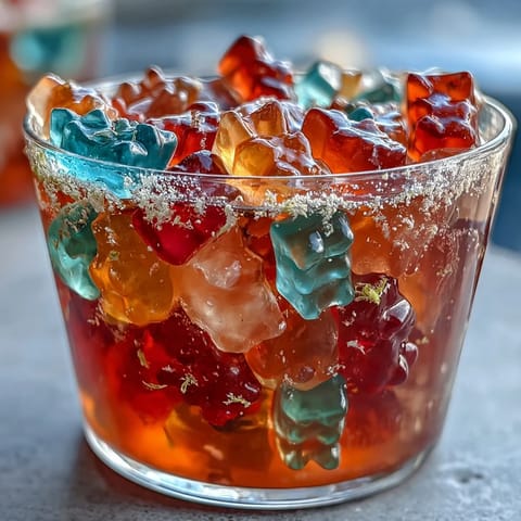 Vibrant Gummy Bear Lemonade Jelly Cups filled with colorful gummy bears suspended in zesty lemon gelatin, perfect for summer parties and Instagram-worthy dessert tables.