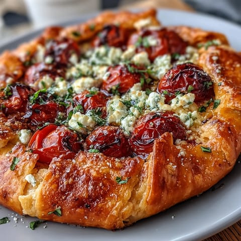 Golden Roasted Cherry Tomato and Feta Galette with flaky pastry, served warm.