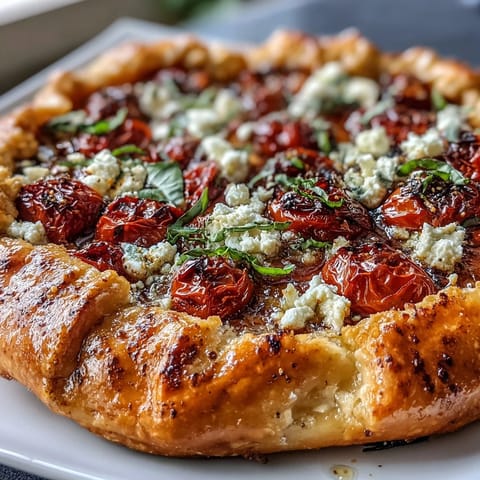Savory Roasted Cherry Tomato and Feta Galette, a rustic appetizer bursting with flavor.