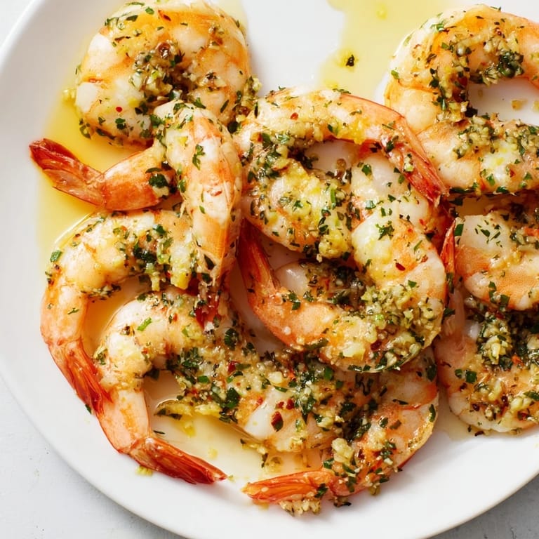 Delicious garlic herb butter shrimp garnished with fresh parsley and lemon slices.