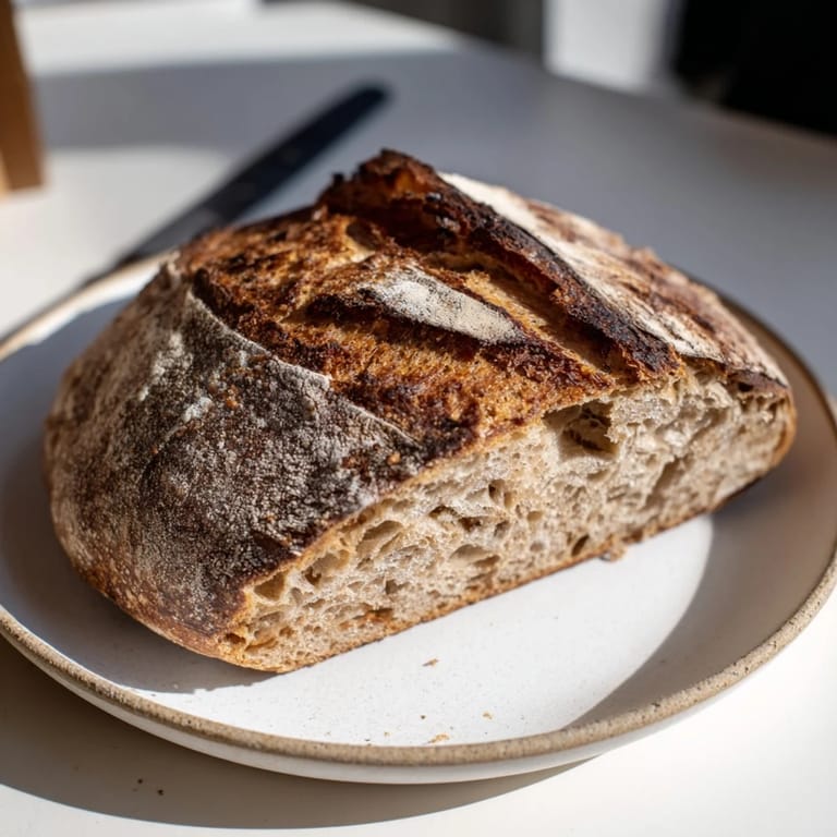 Crusty rustic sourdough bread loaf, showcasing a chewy texture and tangy flavor.  