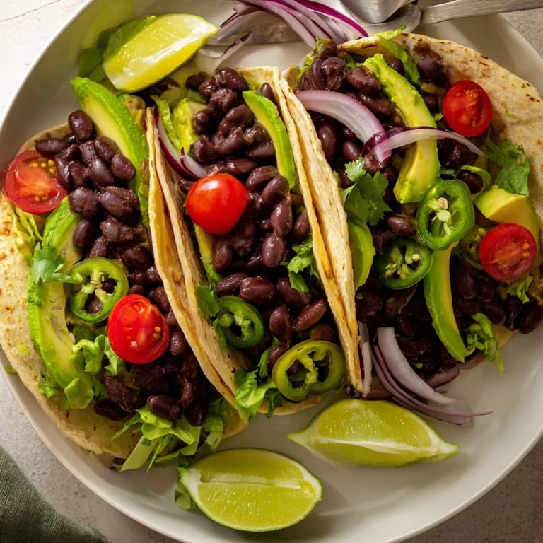 Creamy avocado and savory black bean tacos, bursting with colorful, fresh toppings.  