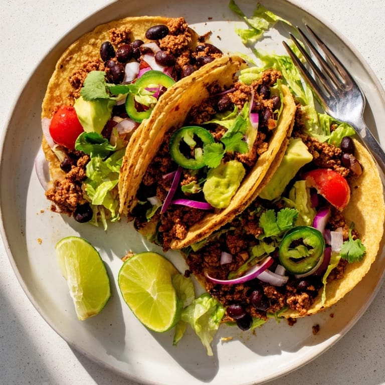 Quick and easy avocado and black bean tacos, drizzled with zesty lime flavor.