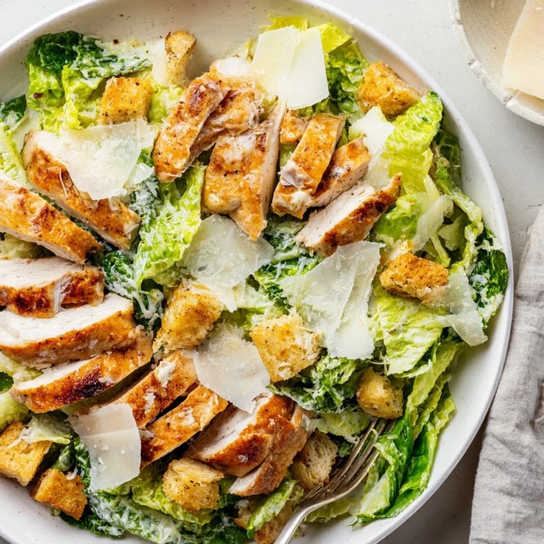 A vibrant Grilled Chicken Caesar Salad featuring crunchy croutons and Parmesan cheese.