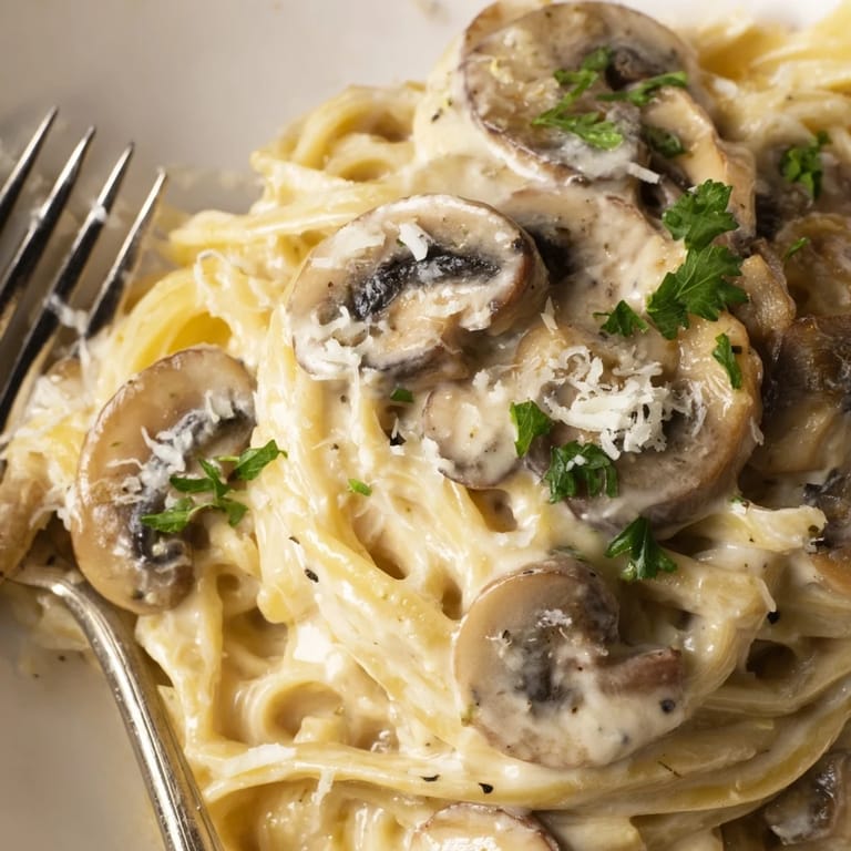 Deliciously rich Creamy Mushroom Alfredo Pasta, ideal for cozy weeknight dinners.  