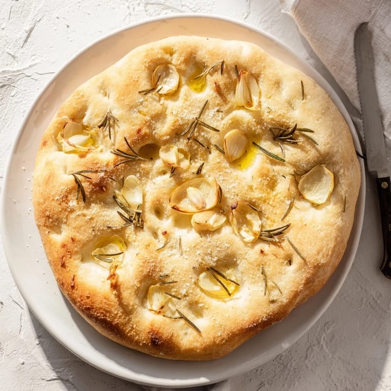 Delicious rosemary garlic focaccia bread topped with roasted garlic, offering a savory aroma.  