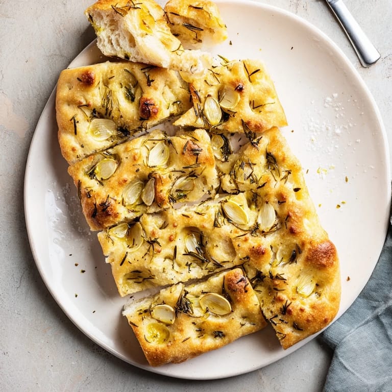 Homemade rosemary garlic focaccia, beautifully baked and served warm with olive oil.