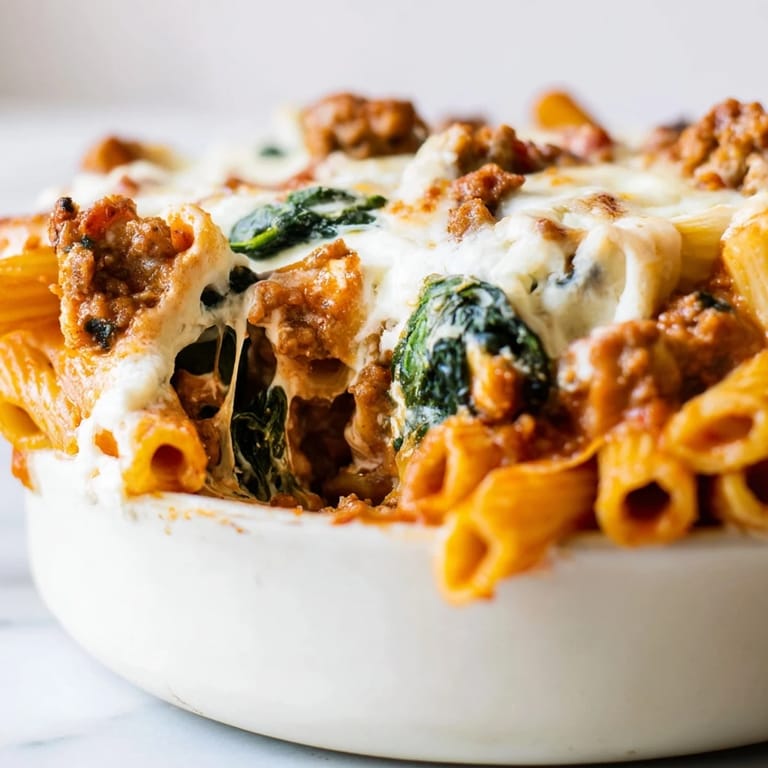 A delicious serving of Baked Ziti with Spinach and Sausage, featuring vibrant green spinach.