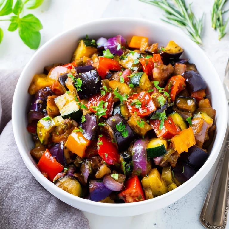 Hearty vegetable ratatouille garnished with basil, ideal for warm or room-temperature servings.