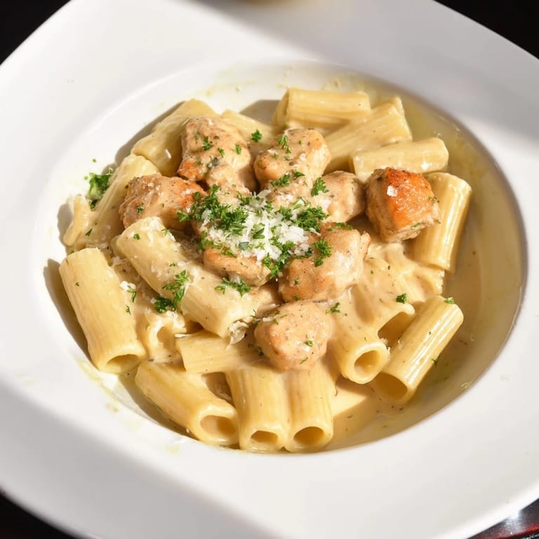 This photo features warm, golden Creamy Garlic Parmesan Chicken Rigatoni, garnished with fresh parsley.