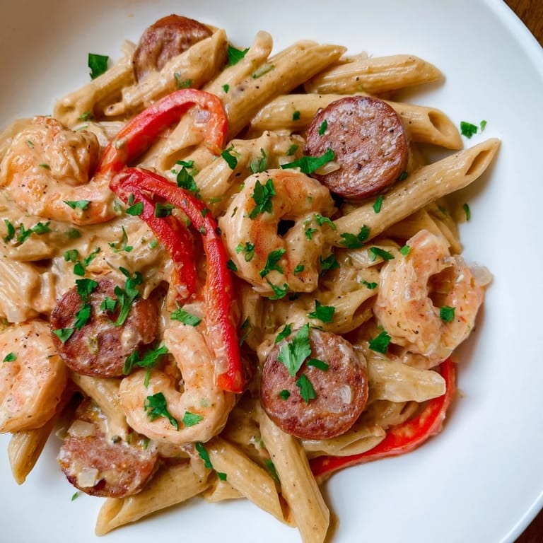 One-pan Cajun Sausage & Shrimp Alfredo Pasta Skillet showcasing a vibrant, satisfying meal with smoky flavors.