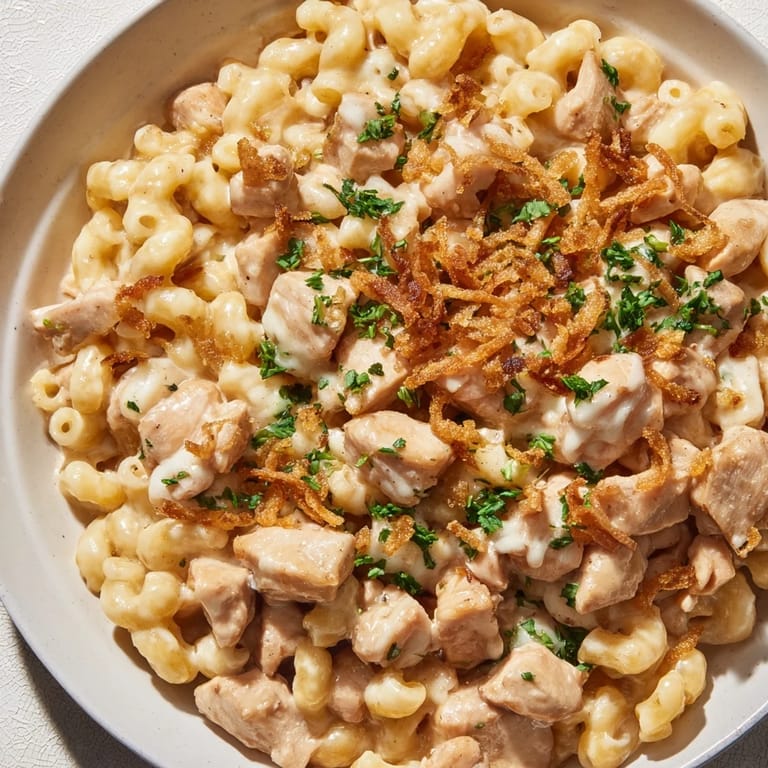 Savory One-Pot Honey BBQ Chicken Mac and Cheese, topped with fresh parsley and crunchy fried onions, ready to serve.
