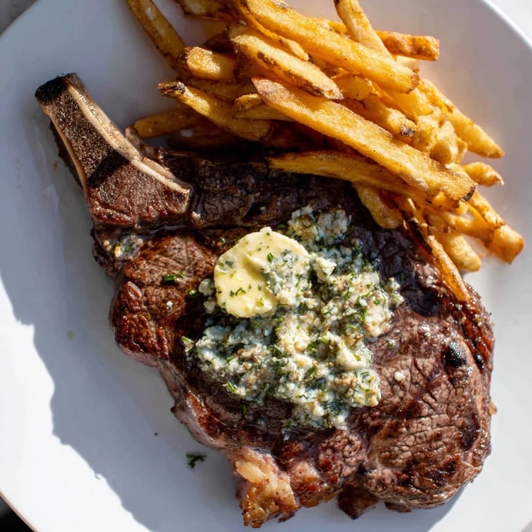 A sizzling close-up: perfect Steakhouse Garlic Butter Steak & Fries with juicy, seared steak slices.