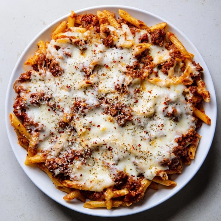 Bubbling melted cheese covers the hearty layers of this savory Cheesy Beef & Penne Bake.
