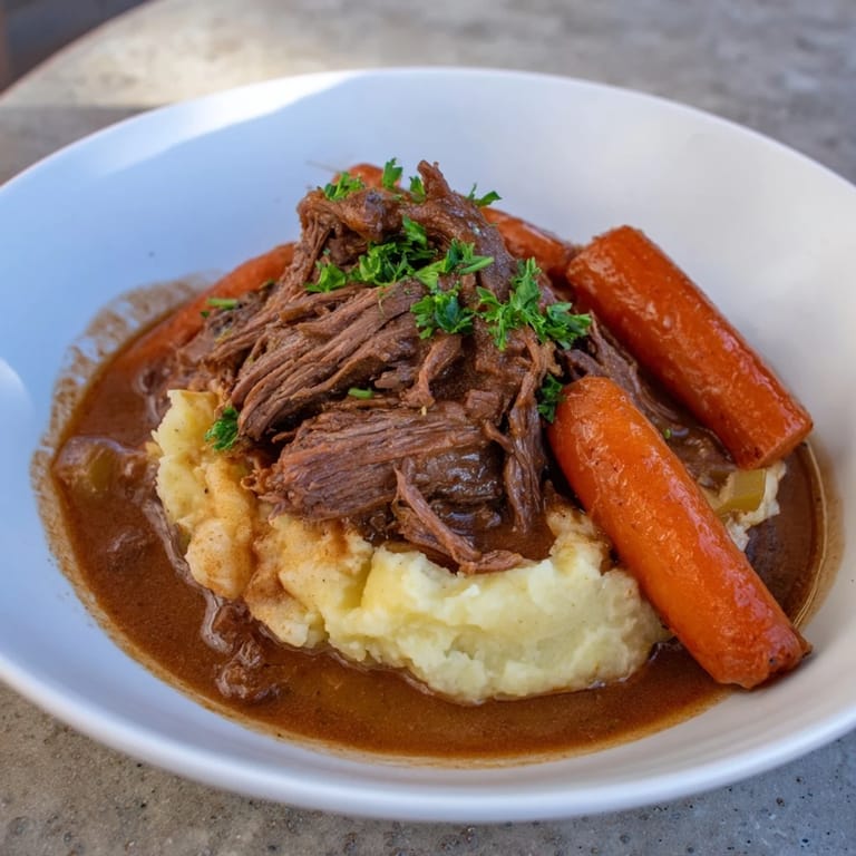 A steaming bowl of comforting slow cooker pot roast with soft mashed potatoes and rich gravy.