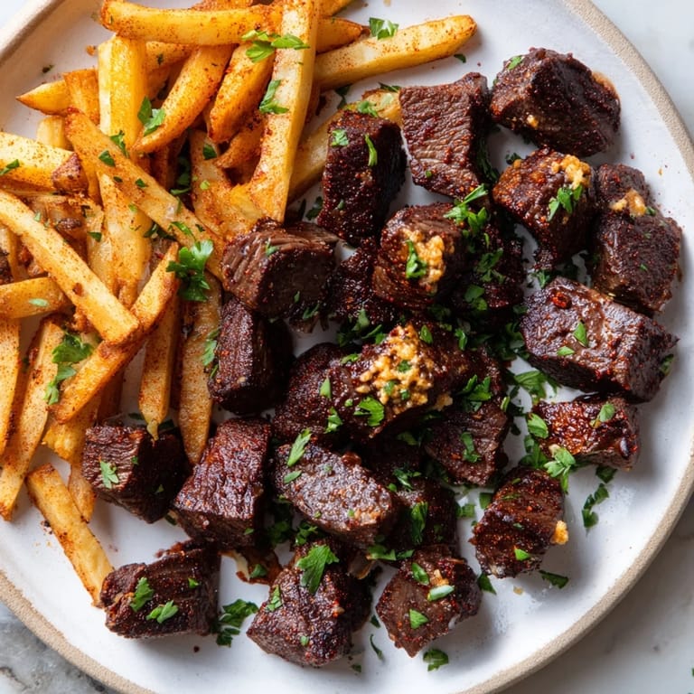 Close-up of perfectly seared Blackened Cajun Steak Bites with crispy fries, ready to eat.