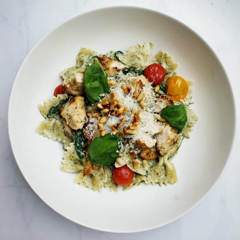 This colorful Pesto Chicken Bowtie Pasta features vibrant green sauce and juicy chicken pieces, ready to be devoured.